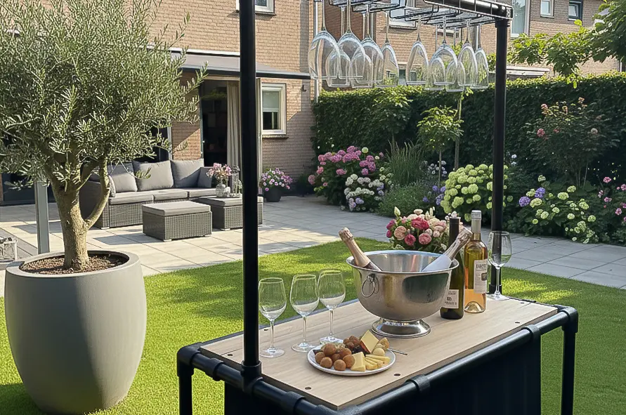 Wijnbar met hangende galzen, wijn en lekkernijen in tuin. Het Nieuwe Wijnhuys Heteren Relatiegeschenken